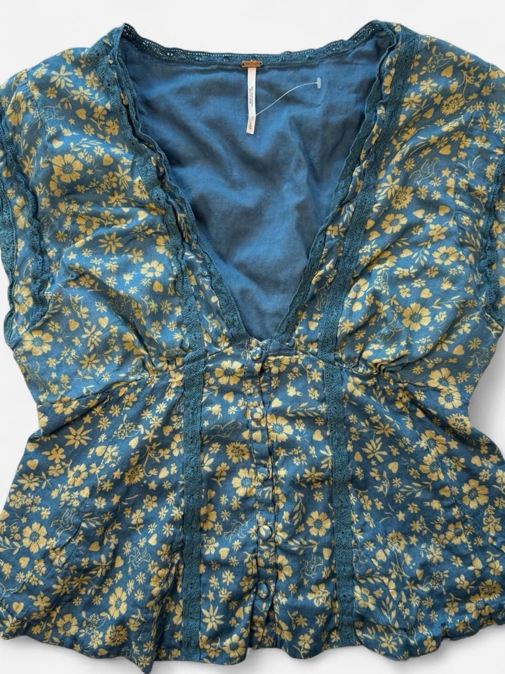 Free People Blue Floral Smocked Peplum Blouse Landy Top in Garden Combo